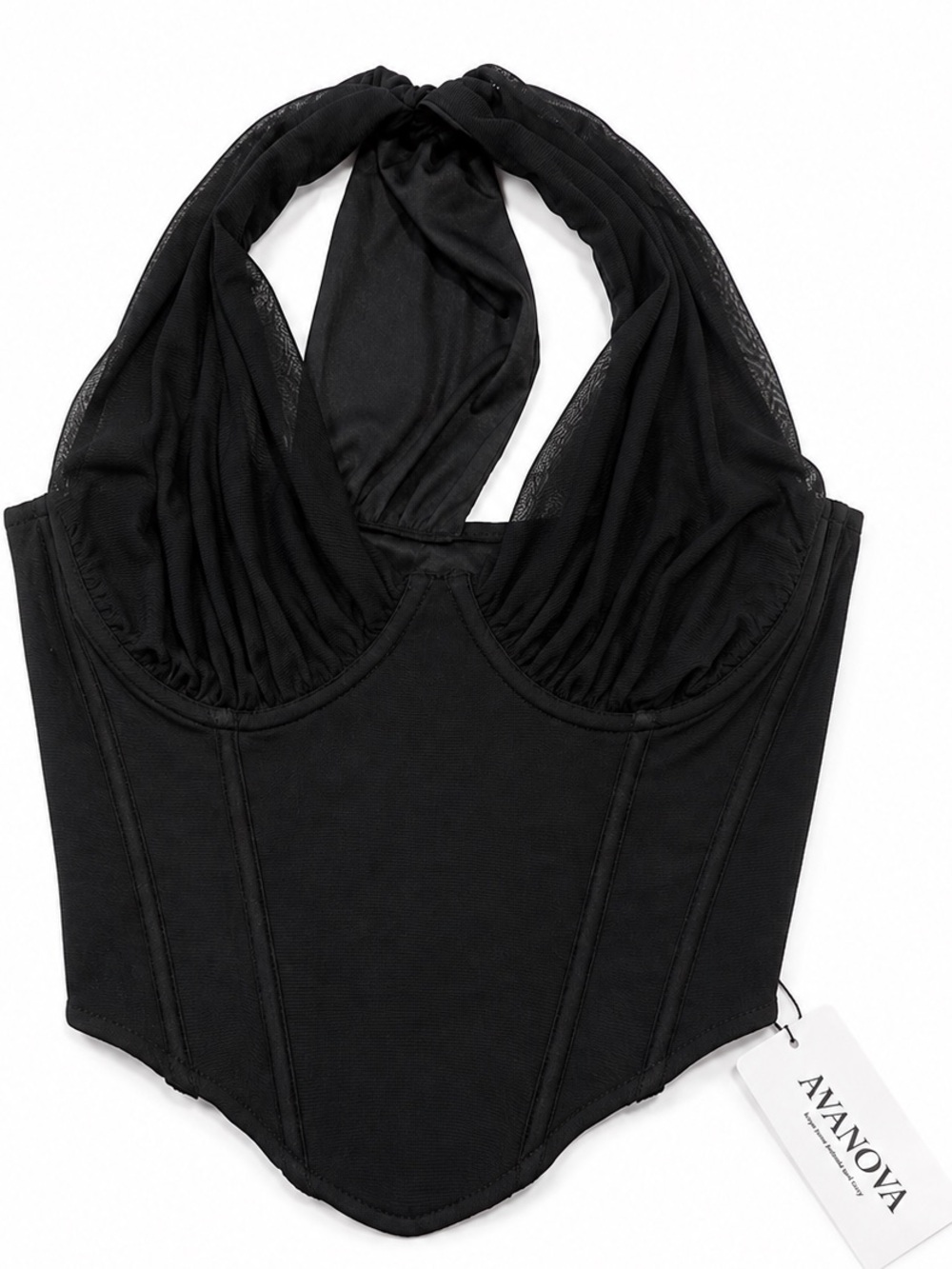 AVANOVA Black Mesh Boned Halter Corset Crop Top NWT Size L